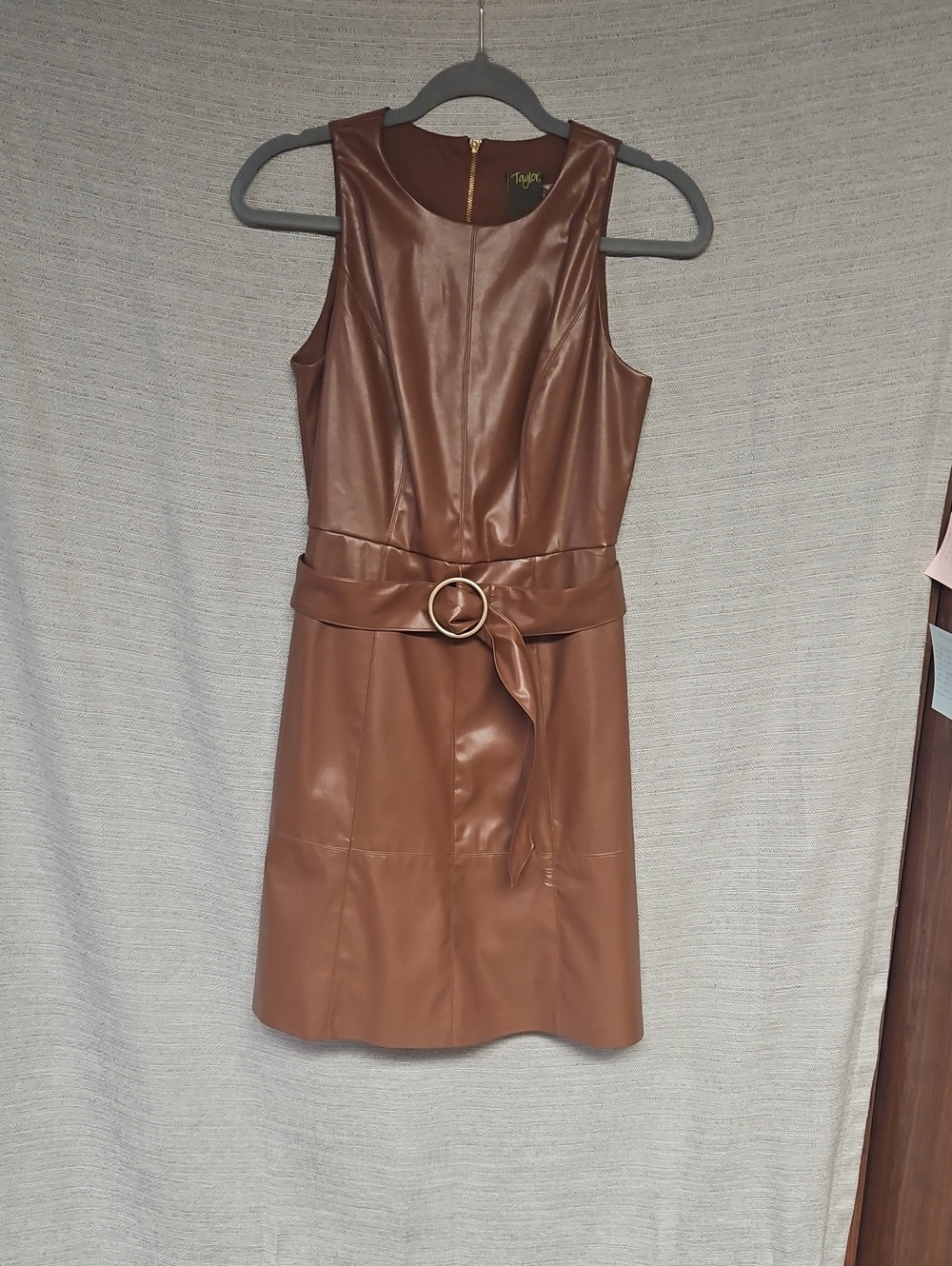 Taylor Brown Faux-Leather Sleeveless Belted Dress